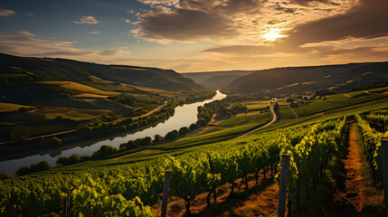 A photo of the Moselle River, with picturesque vineyards as the background, during a golden hour...