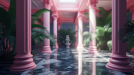 Corridor of pink columns and green plants in vaporwave styled hotel.