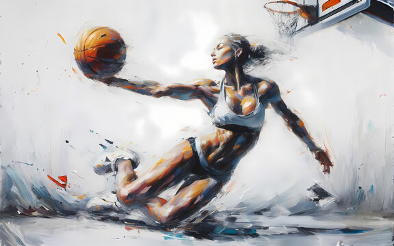 oil painting of a woman playing basketball