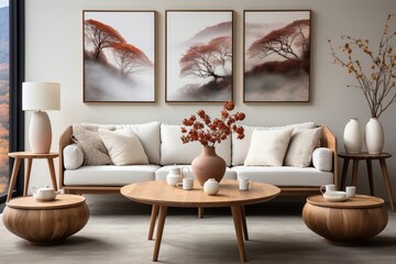 A round wooden coffee table near a white sofa against a white wall with three art frames. It's a Scandinavian-style interior design for a modern living room