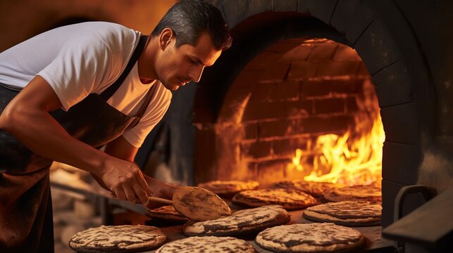 A chef using traditional clay ovens to bake flatbreads