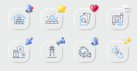 Construction bricks, Lighthouse and Inspect line icons. Buttons with 3d bell, chat speech, cursor. Pack of Charging station, Wholesale goods, Home charging icon. Vector