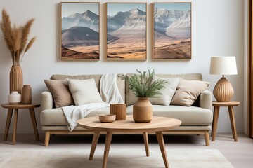A round wooden coffee table near beige sofas against a white wall with posters. It's a Scandinavian-style home interior design for a modern living room