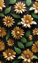 Luxury floral seamless with flowers elegant leather texture illustration background in golden, green, white, and black colors. 3d abstraction wallpaper, Generative AI