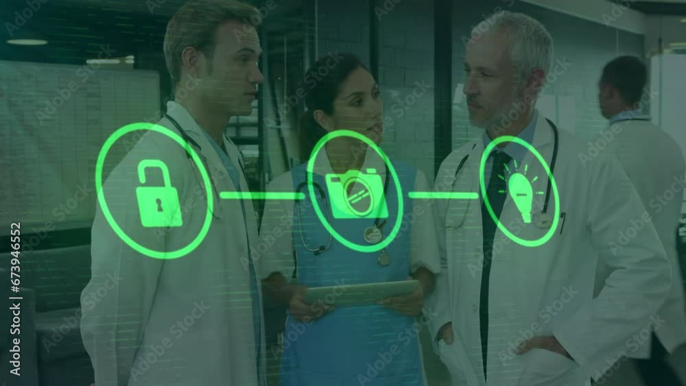 Sticker animation of flowchart of icons over diverse doctors standing and discussing in hospital