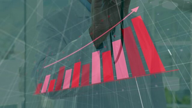 Animation of arrow on bar graph over caucasian doctor using stethoscope on camera
