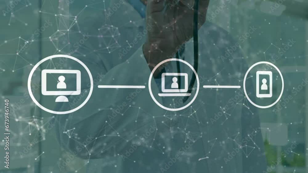 Poster animation of flowchart and connected dots over caucasian man using stethoscope on camera