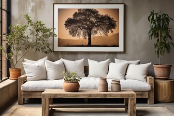 A rustic aged sofa, a weathered old coffee table, and houseplants in clay pots against a wall with a poster frame in a Scandinavian home interior design