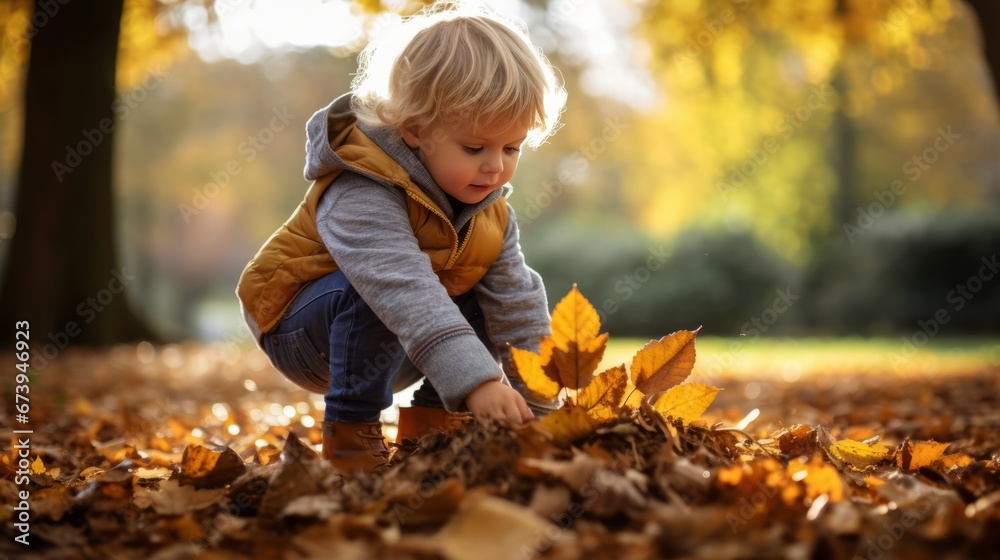 Poster A child playing with leaves in a park