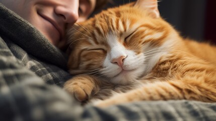 A contented cat curled up next to its sleeping owner