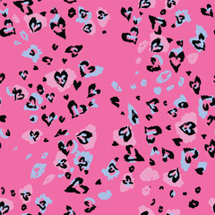 Abstract seamless hearts leopard pattern with wild animal leather skin print. Colorful pop art repeated ornament for fashion textile clothes, wrapping paper. Tiger print. Leopard skin print