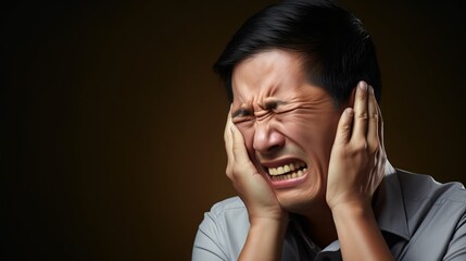 A person grimacing and holding their ear, symptomatic of earache