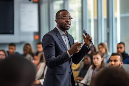 Black Male Sales Speaker Presenting Corporate Conference Generative AI