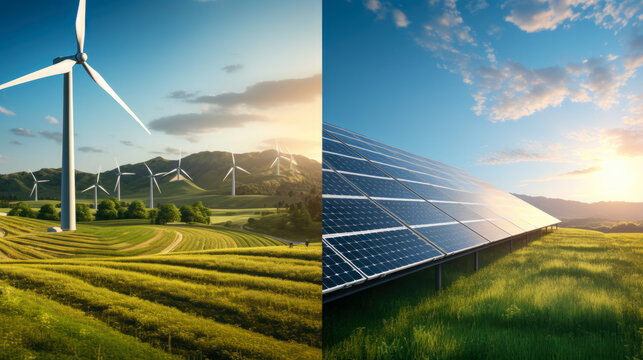 Two pictures of wind turbines and solar panels in the fields under the sun.