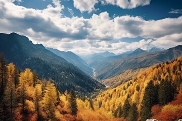 Vibrant landscape of mountains, autumn forest, and mountain valley under a clear blue sky with clouds. Generative AI