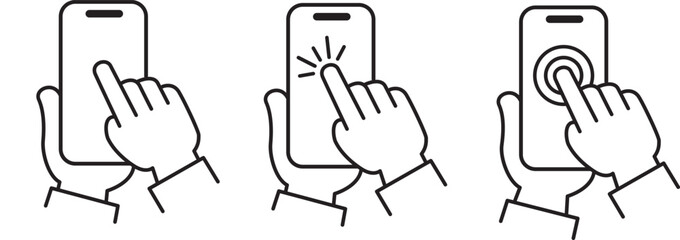 ensemble d'icônes vectorielles représentant des mains utilisant un smartphone, ou un téléphone. Noir sur fond blanc.