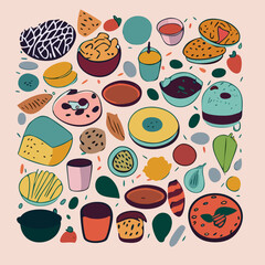 set of food and drinks