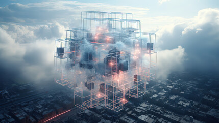 Concept of a digital city with cloud connections. Futuristic network in the clouds.