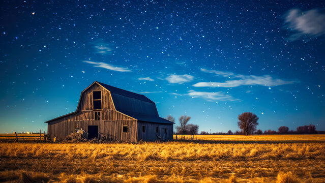 Mystical evening countryside landscape of dreamlike, starry night sky over a rustic barn in the American Midwest, with a contrast of dark blues and warm earth tones. Copy space