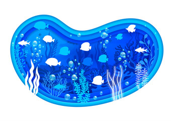 Blue sea paper cut underwater landscape, water bubbles, seaweeds and fish shoals. Vector 3d frame with borders of wavy papercut layers, white silhouettes of tropical fish, ocean reef corals and algae