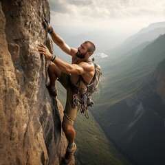 man climbing on a mountain - obrazy, fototapety, plakaty