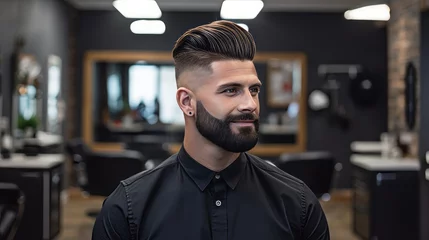 Gordijnen A handsome man with a modern, fade haircut © Cloudyew