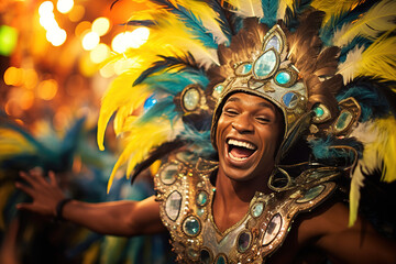 Espectacular imagen de hombre celebrando el desfile de carnaval con el rostro maquillado. 