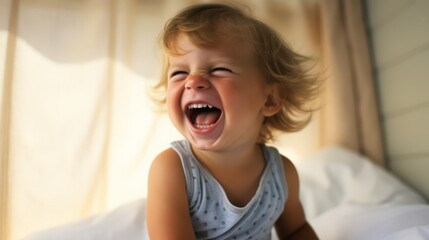 A closeup of a toddler's belly laugh - obrazy, fototapety, plakaty