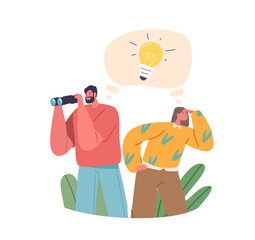 Male And Female Characters With Binoculars Eagerly Explores The Vast Landscape Of Creativity Cartoon Vector Illustration