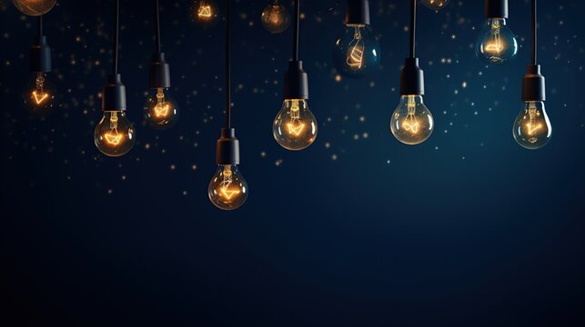 Light bulbs light up at night with dark background. AI generated image