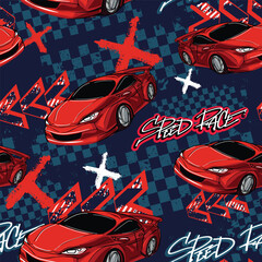 Abstract seamless cars pattern on grunge shape cracked background with shabby texture, arrow, dots,spray paint, ink. Childish style wheel auto repeated backdrop. Red automobile © Kseniia Koval