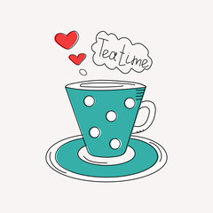 Cup with hot coffee, tea.  Hearts, Valentine's Day. Drinks, utensils.  Doodle style, inscription, calligraphy, Tea Time. Icon, logo, sign. Vector graphic.