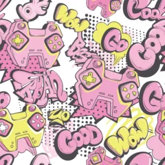 Wandcirkels plexiglas Seamless pattern with gamepads and Graffiti words Best, good, cool, go. Repeat lettering ornament. Gaming print with gamepad pink, blue, yellow colors. © Ксения Коваль