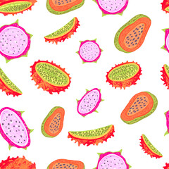Seamless vector pattern. Exotic fruits pattern. Dragon fruits and papaya.