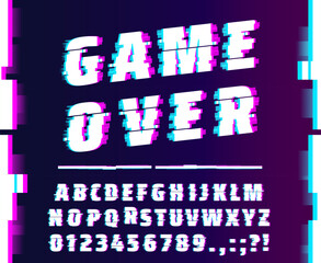 Glitch effect font, futuristic cyber type, display screen failure typeface, digital noise dynamic english alphabet. Vector typography, distorted letters and numbers font for cyberpunk and space game