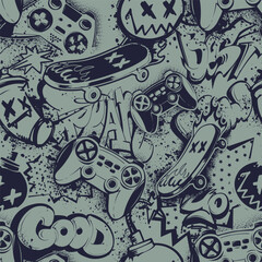 Seamless pattern with Graffiti words, grunge background, skateboard, gamepad illustration, bomb cartoon print. lettering ornament
