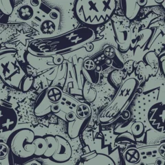 Poster Seamless pattern with Graffiti words, grunge background, skateboard, gamepad illustration, bomb cartoon print. lettering ornament © Ксения Коваль