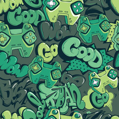 Seamless pattern with gamepads and Graffiti words Best, good, cool, go. Repeat lettering ornament. Gaming print with gamepad green colors. © Kseniia Koval