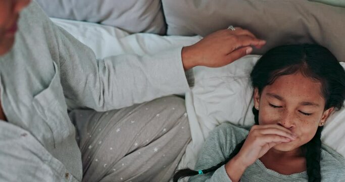 Sick, cough and parent with child in bed for sick, virus or health infection at home. Family, childcare and hands of mother with girl in bedroom to check temperature for cold, fever and influenza
