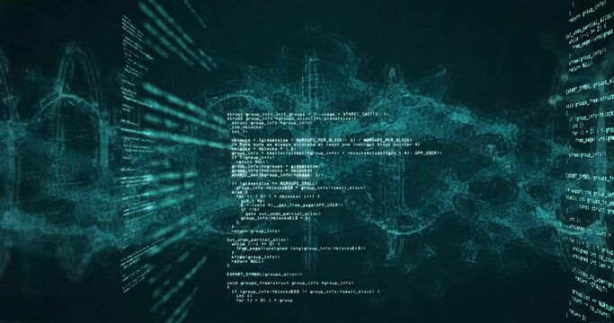Animation of computer language and circles around dna helix over black background