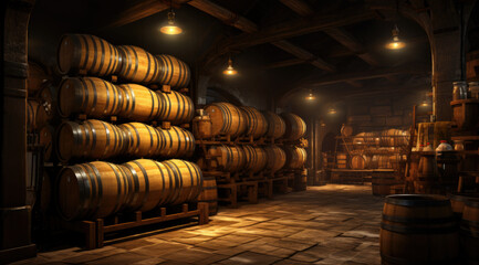 Old cellar with bottles and barrels under castle making wine.