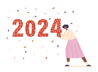Fototapeta premium Joyful Woman Holds The Numbers 2024 With Hopeful Smile. Cartoon People Vector Illustration