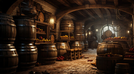 Old cellar with bottles and barrels under castle making wine.