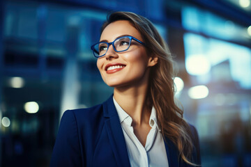 Fototapeta premium Young smart businesswoman wearing eyeglasses and business casual look loutside modern work office.