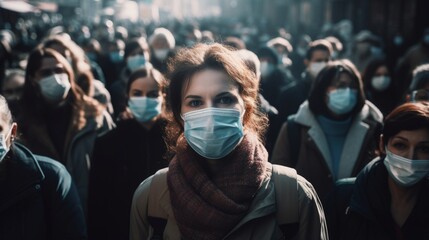Person with a face mask in a crowded space - obrazy, fototapety, plakaty