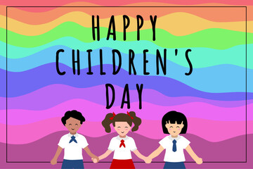 happy children's day rainbow card. concept of children child kid smile happy school teacher celebration special day vector illustration black text