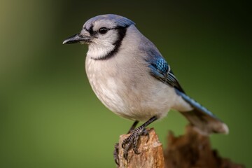 Closeup of a blue jay (Cyanocitta cristata) perched on a tree branch