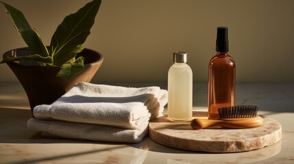 Fototapeta na wymiar White Towel And Oil Bottle On A Marble Table