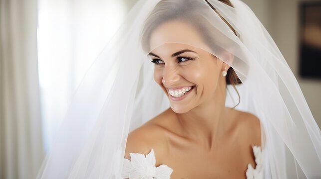 A closeup of a bride's radiant smile on her wedding day
