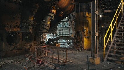 Interior view of an abandoned factory, featuring an array of broken machinery and debris